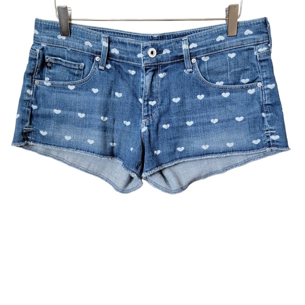AG Adriano Goldschmied The Daisy Low Rise Frayed Cut Off Heart Print Denim Short